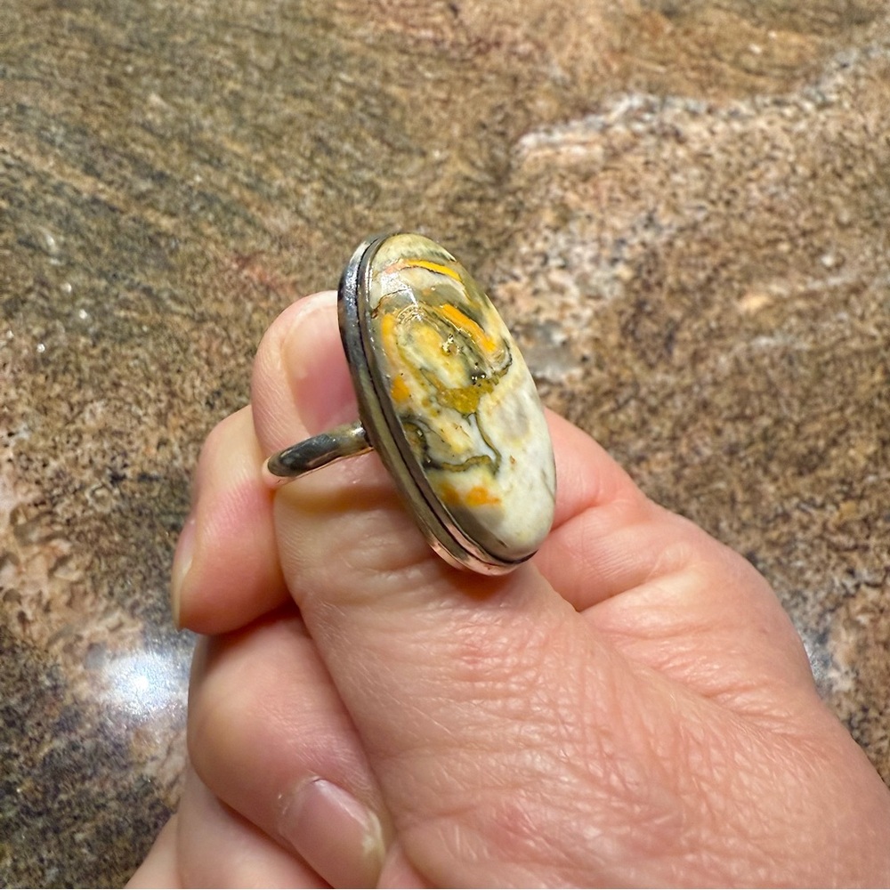 Bumblebee Jasper Large Silver Artisan Ring, Size 9 Gold / Yellow, Orange, Taupe - Picture 5 of 7